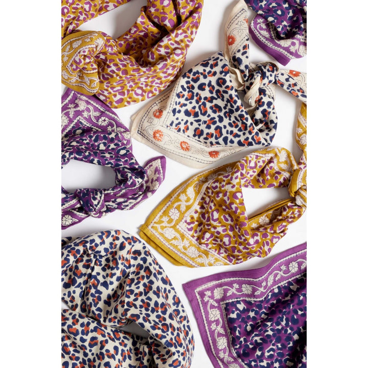 Bonheur du Jour Leopard Purple cotton scarf with hand block-printed leopard design