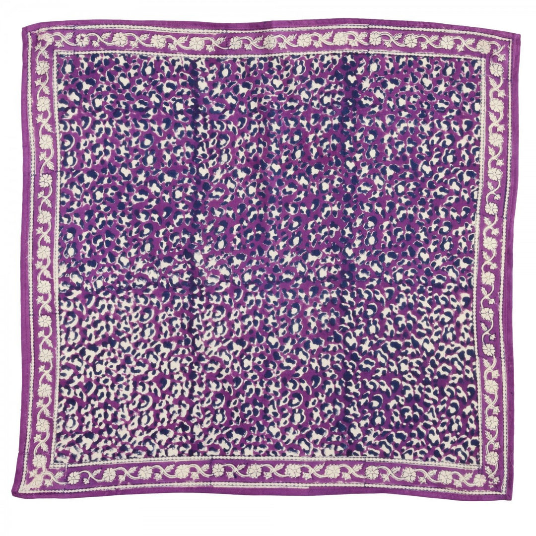 Bonheur du Jour Leopard Purple cotton scarf with hand block-printed leopard design