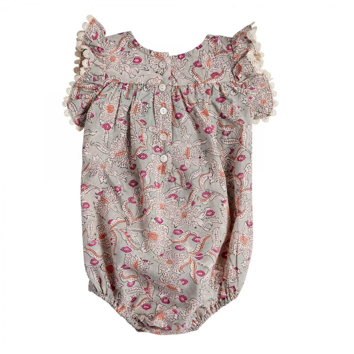 Bonheur du Jour Ammi blue floral baby romper with smocked bodice
