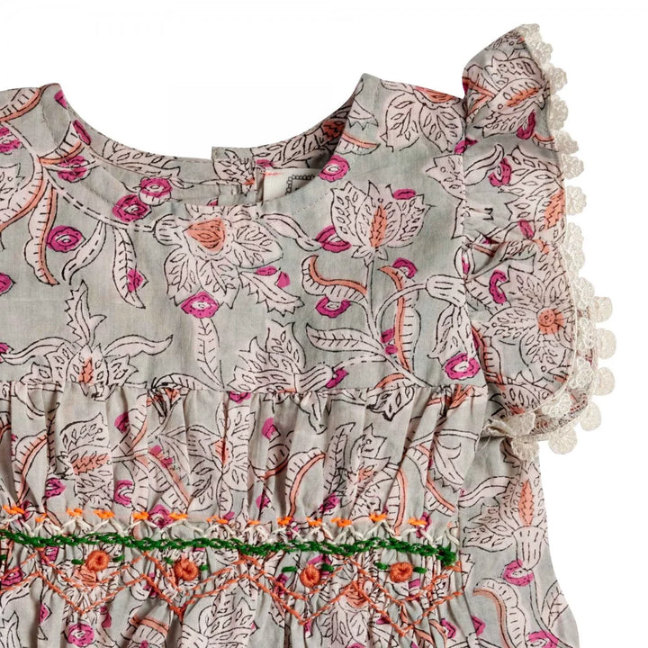 Bonheur du Jour Ammi blue floral baby romper with smocked bodice
