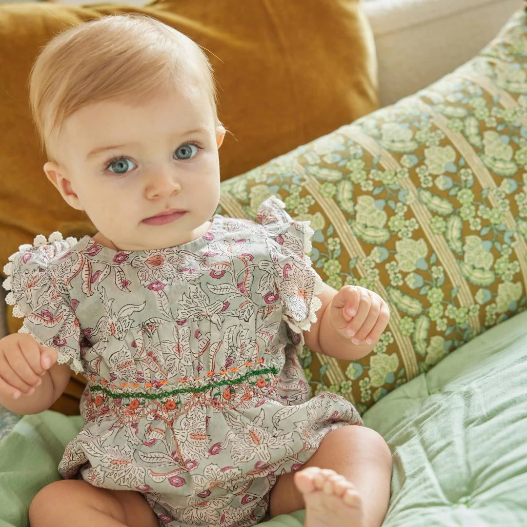 Bonheur du Jour Ammi blue floral baby romper with smocked bodice
