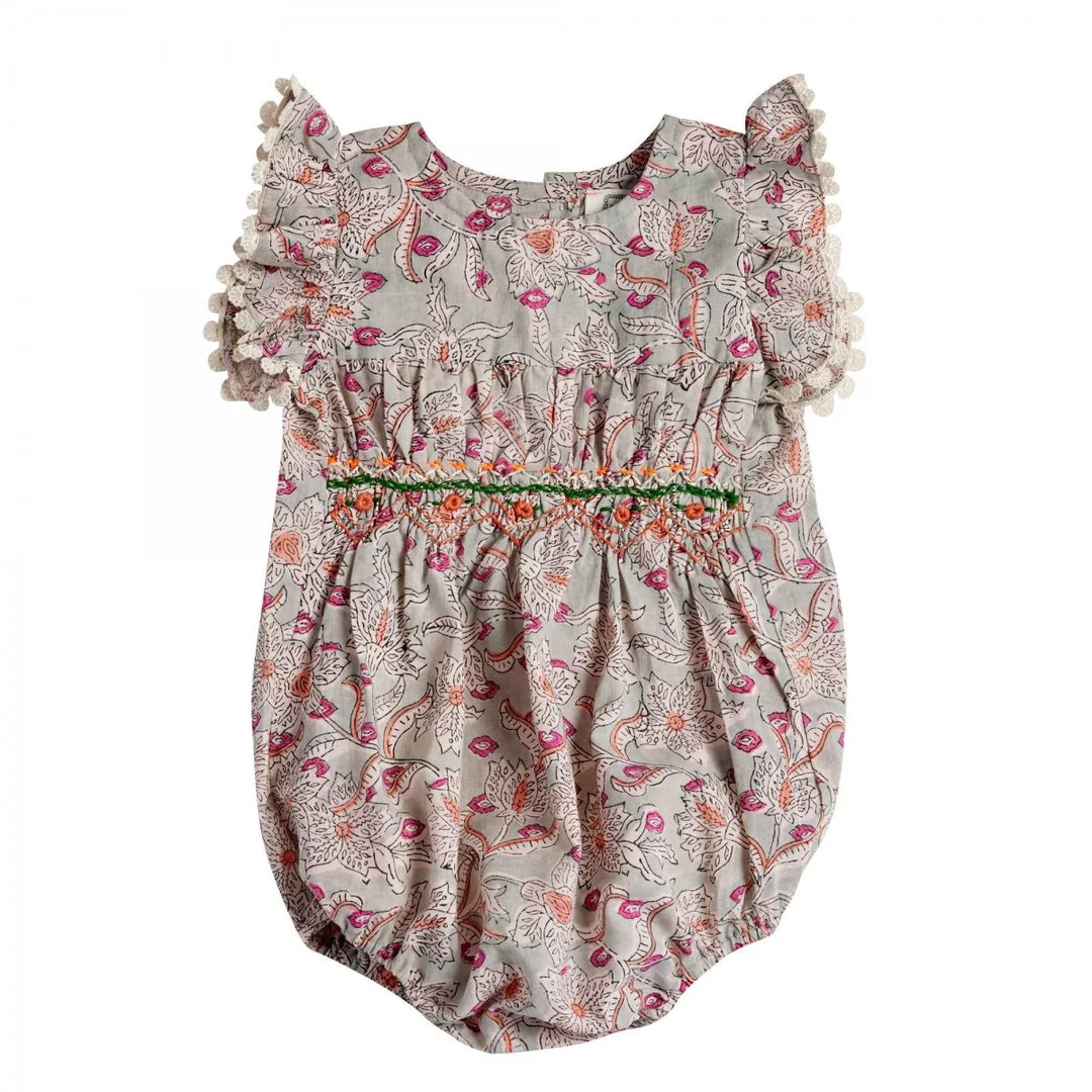Bonheur du Jour Ammi blue floral baby romper with smocked bodice
