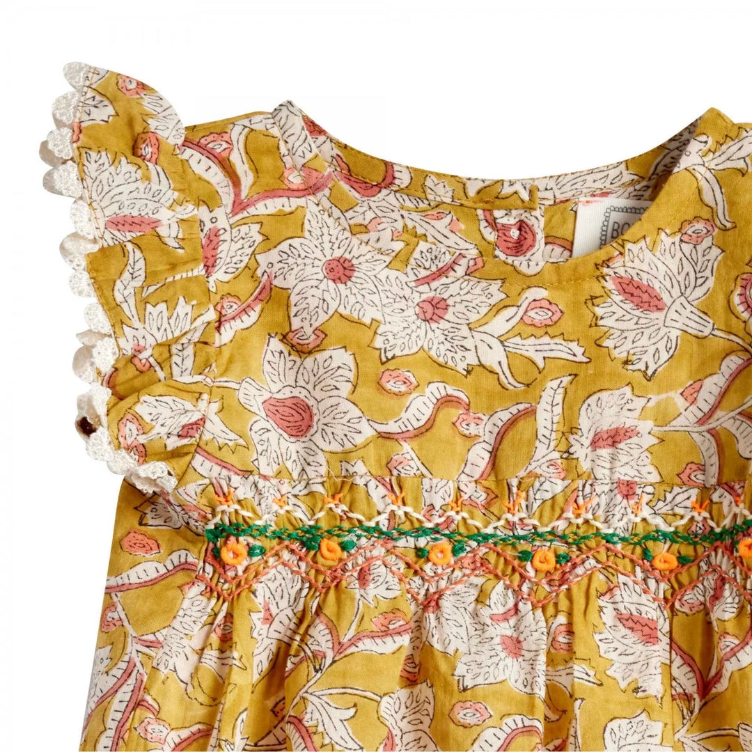 Bonheur du Jour Ammi curcuma floral baby romper with smocking
