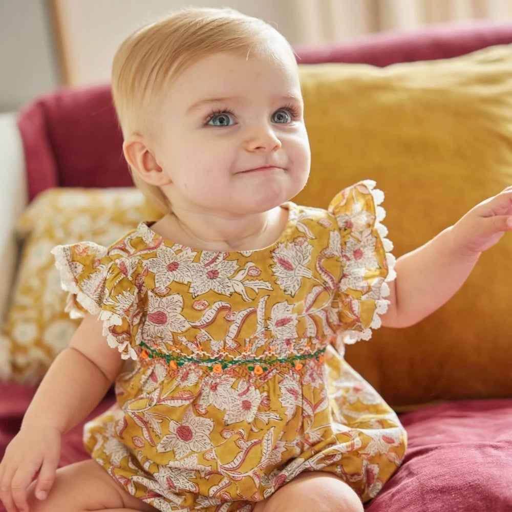 Bonheur du Jour Ammi curcuma floral baby romper with smocking
