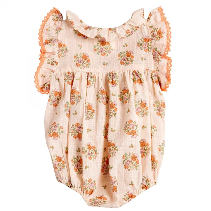 Bonheur du Jour Mahaut rose floral baby romper with lace ruffle sleeves
