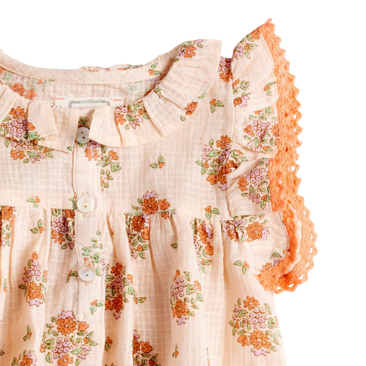 Bonheur du Jour Mahaut rose floral baby romper with lace ruffle sleeves
