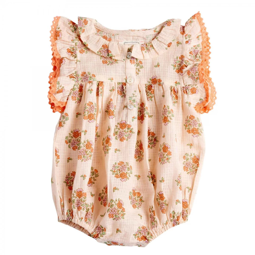 Bonheur du Jour Mahaut rose floral baby romper with lace ruffle sleeves
