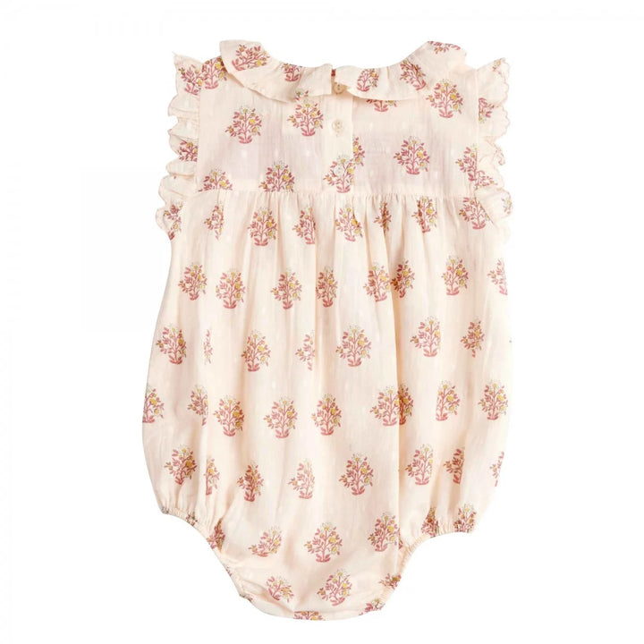 Bonheur du Jour Blossom rose floral baby romper with smocked bodice
