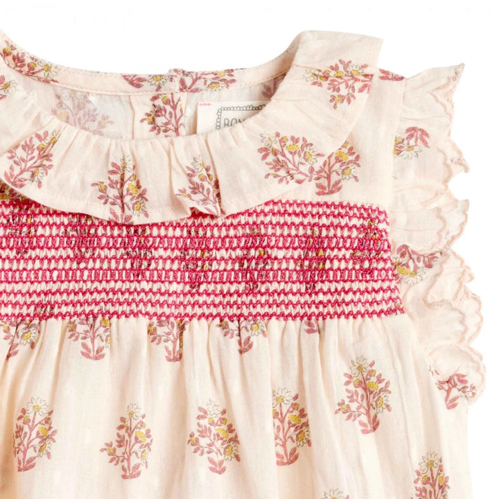 Bonheur du Jour Blossom rose floral baby romper with smocked bodice
