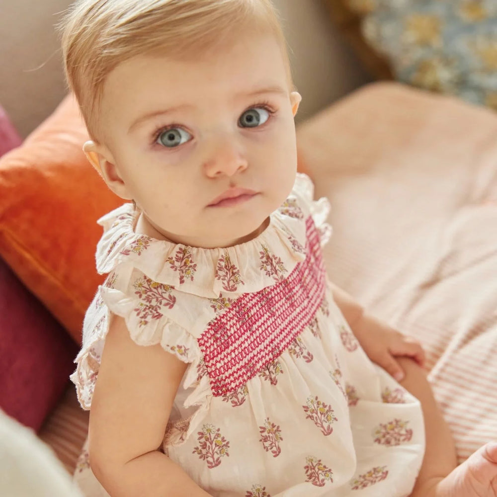 Bonheur du Jour Blossom rose floral baby romper with smocked bodice
