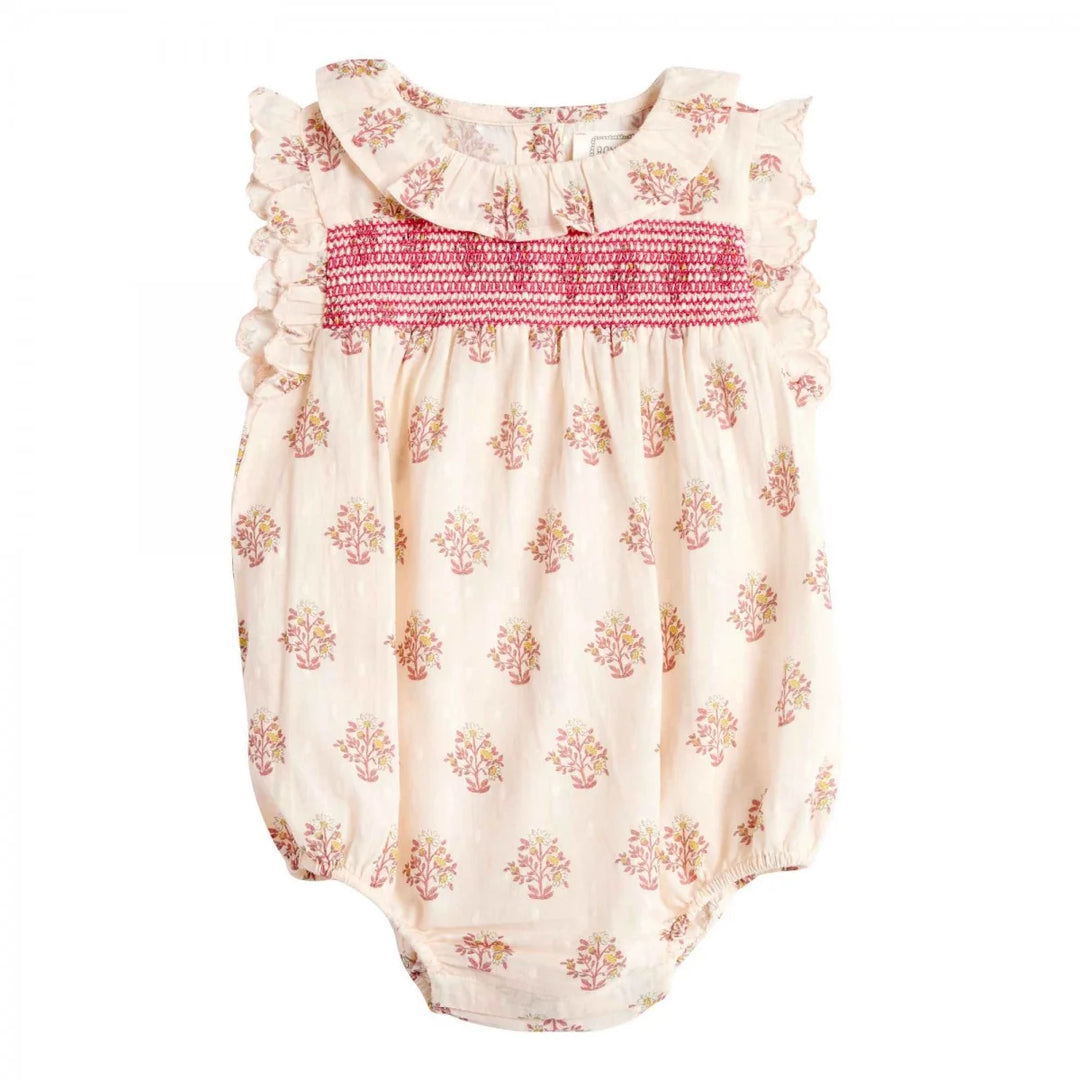 Bonheur du Jour Blossom rose floral baby romper with smocked bodice
