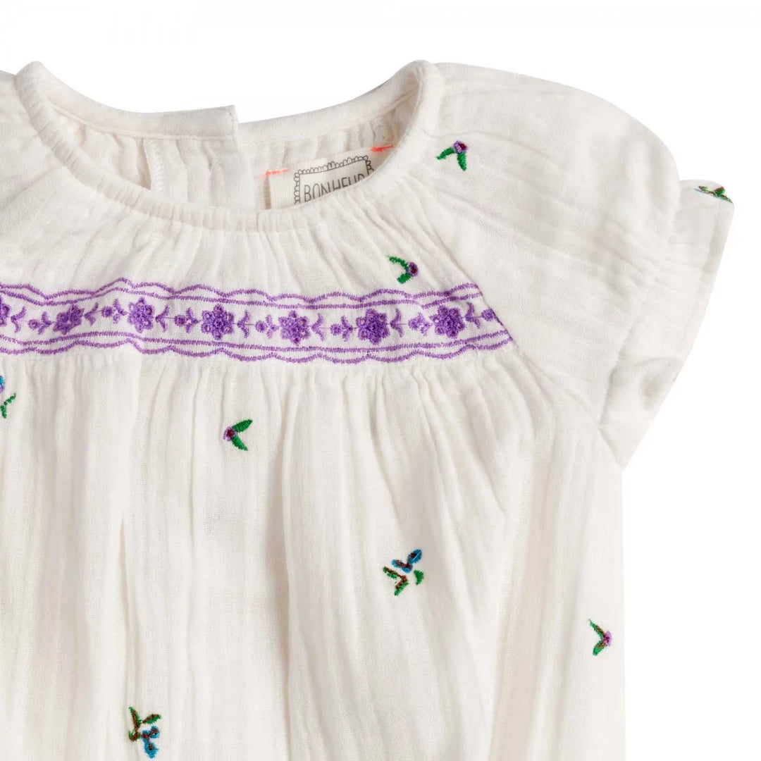 Bonheur du Jour Gaby ecru baby romper with floral embroidery and smocked yoke
