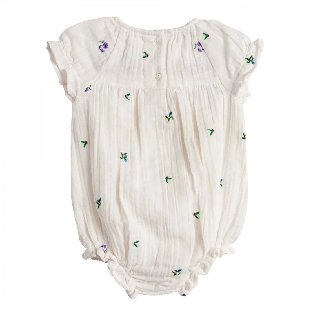 Bonheur du Jour Gaby ecru baby romper with floral embroidery and smocked yoke
