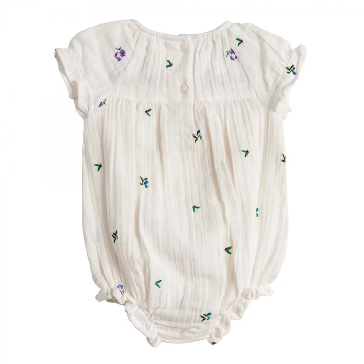 Bonheur du Jour Gaby ecru baby romper with floral embroidery and smocked yoke
