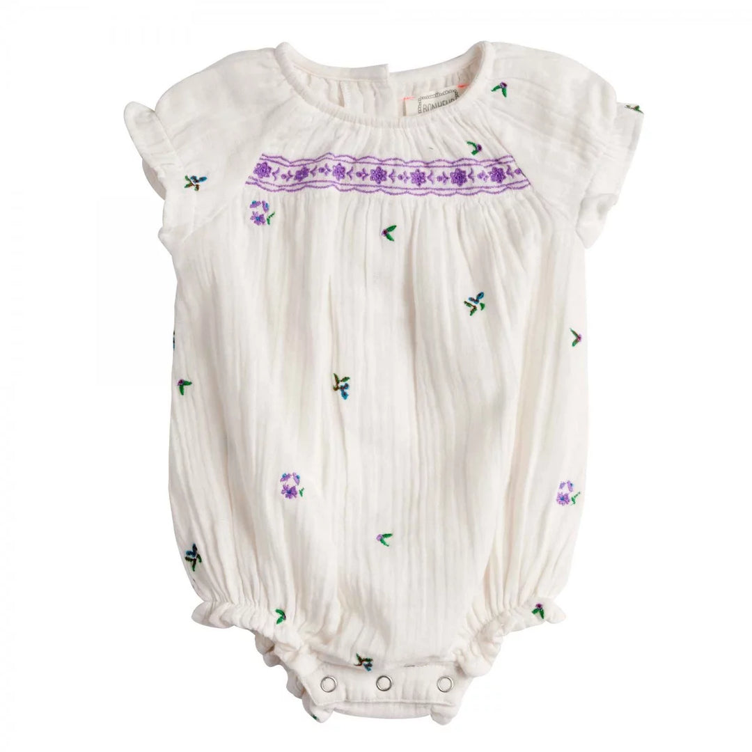 Bonheur du Jour Gaby ecru baby romper with floral embroidery and smocked yoke
