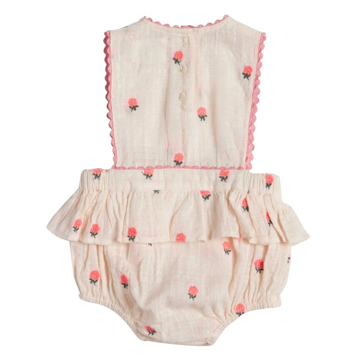 Bonheur du Jour Peony petal pink baby romper embroidered cotton gauze
