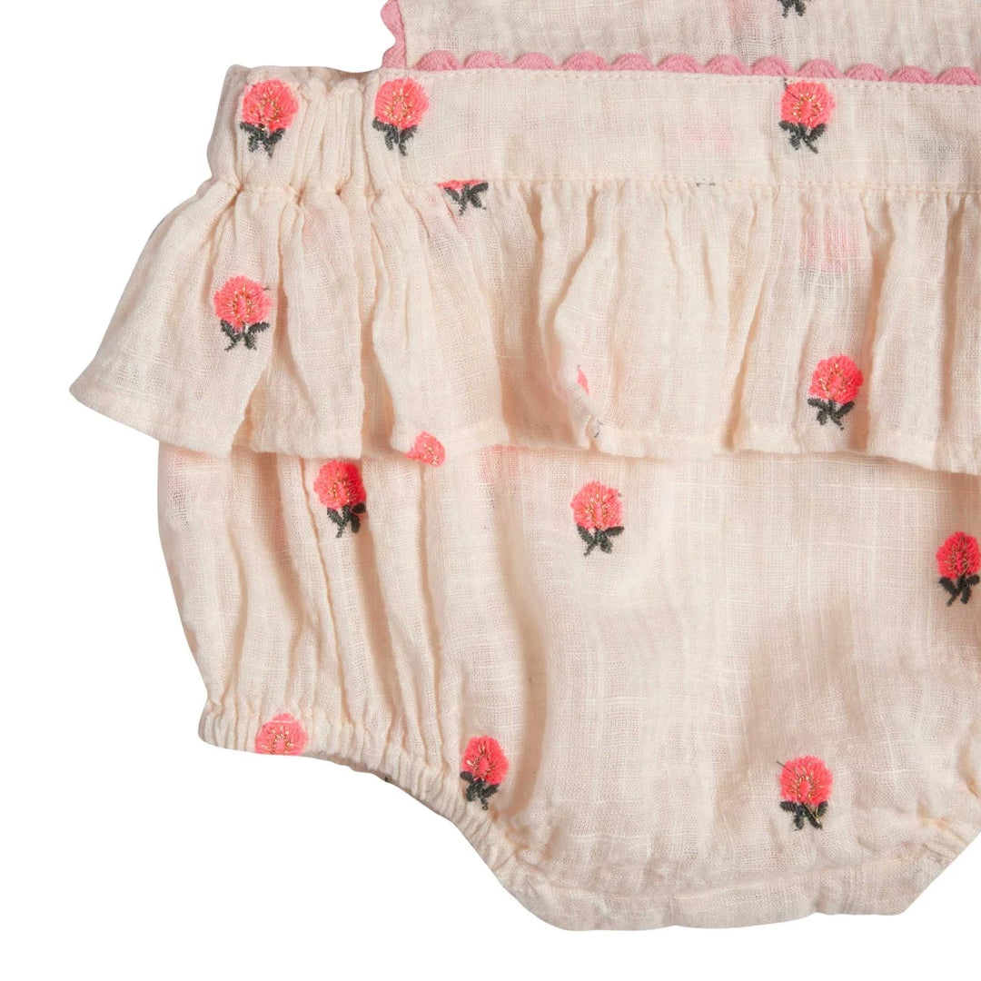 Bonheur du Jour Peony petal pink baby romper embroidered cotton gauze
