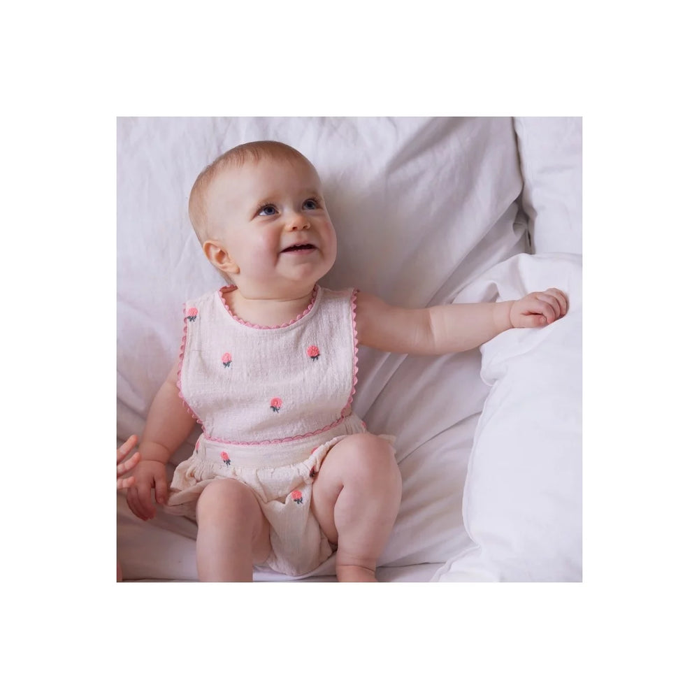Bonheur du Jour Peony petal pink baby romper embroidered cotton gauze
