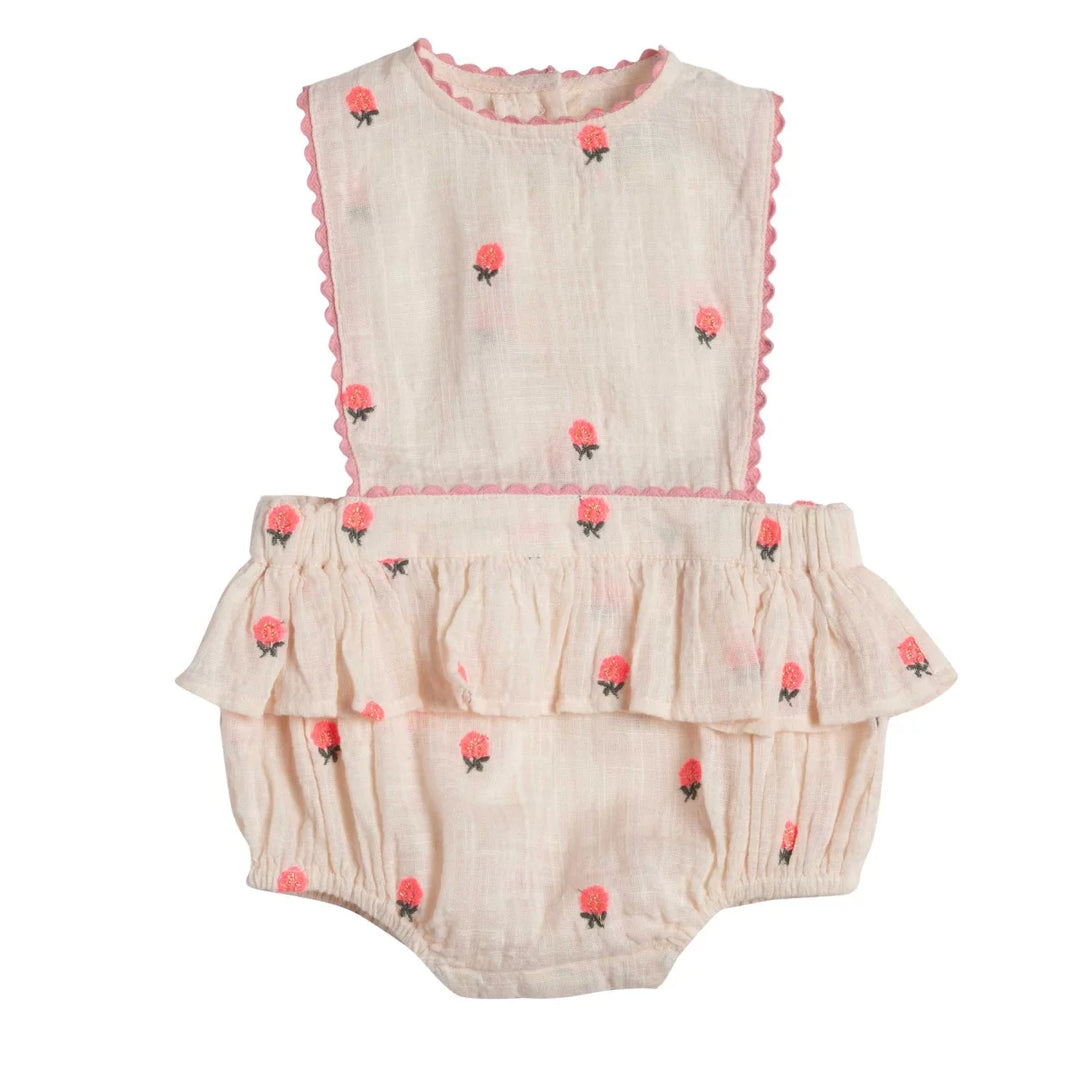 Bonheur du Jour Peony petal pink baby romper embroidered cotton gauze
