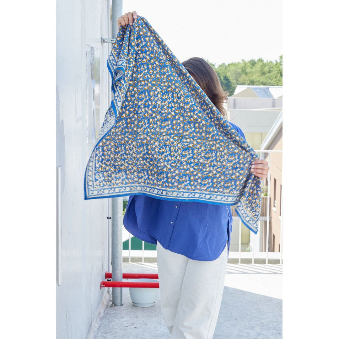 Bonheur du Jour Leopard Klein Blue cotton scarf with hand block-printed leopard design