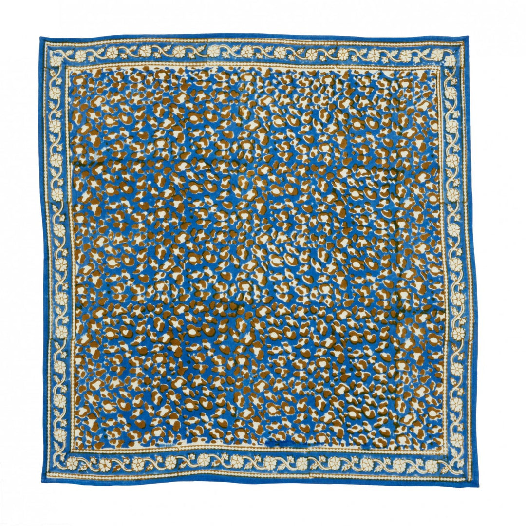 Bonheur du Jour Leopard Klein Blue cotton scarf with hand block-printed leopard design