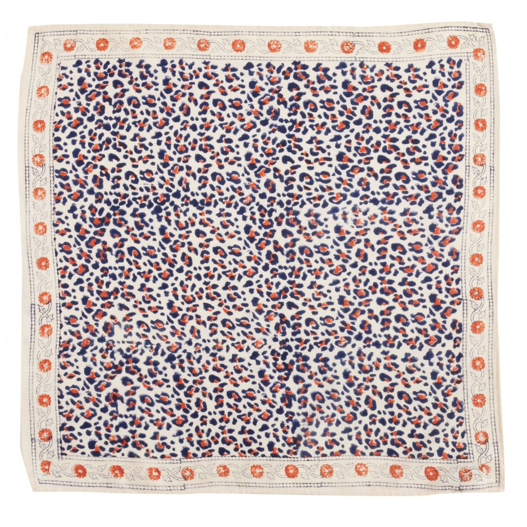 Bonheur du Jour Leopard Beige Navy cotton scarf with hand block-printed leopard design