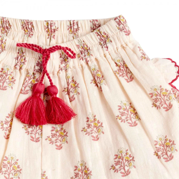 Bonheur du Jour Dahia pink floral girls shorts with tassel tie and ruffle hem
