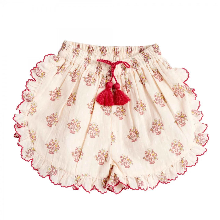 Bonheur du Jour Dahia pink floral girls shorts with tassel tie and ruffle hem
