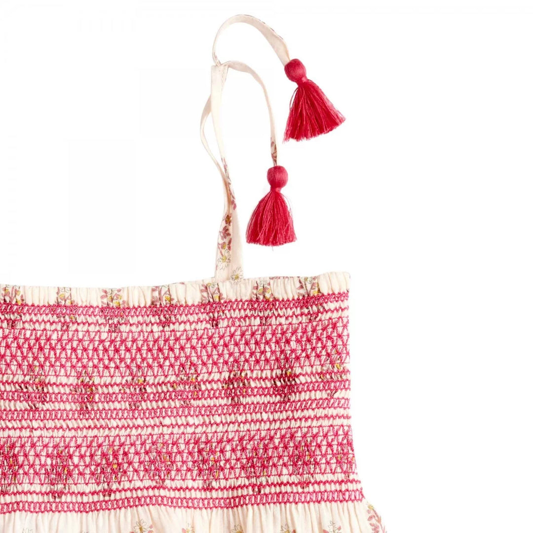 Bonheur du Jour Isadora pink floral girls smocked top with tassel straps
