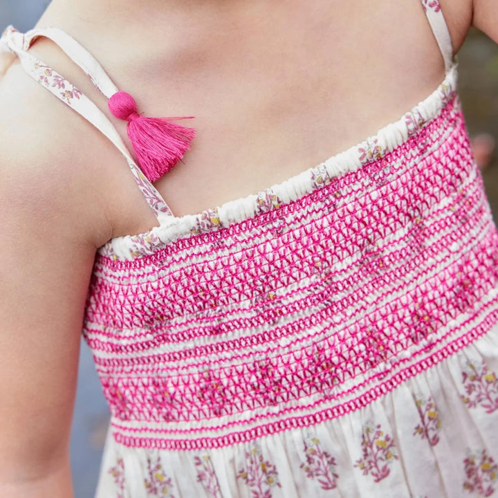 Bonheur du Jour Isadora pink floral girls smocked top with tassel straps
