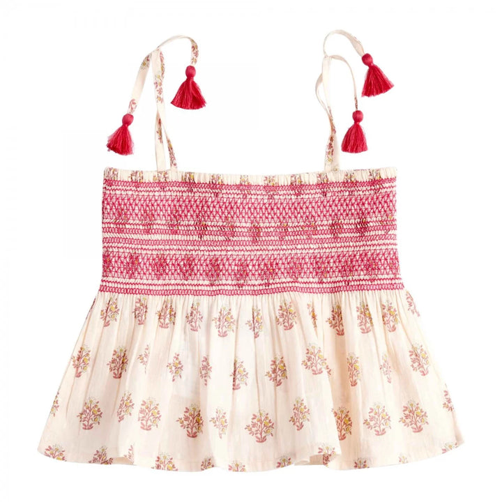 Bonheur du Jour Isadora pink floral girls smocked top with tassel straps
