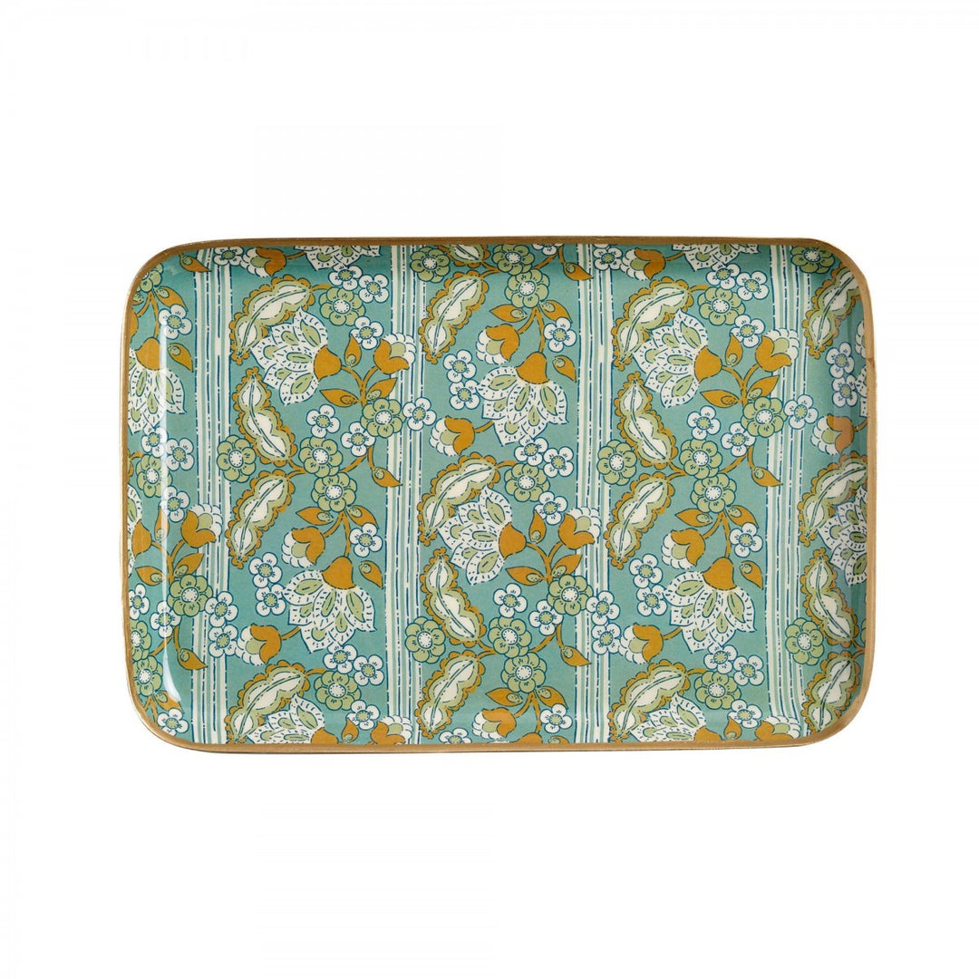 Anjali Jade floral enamel serving tray with hand-finished gold edging