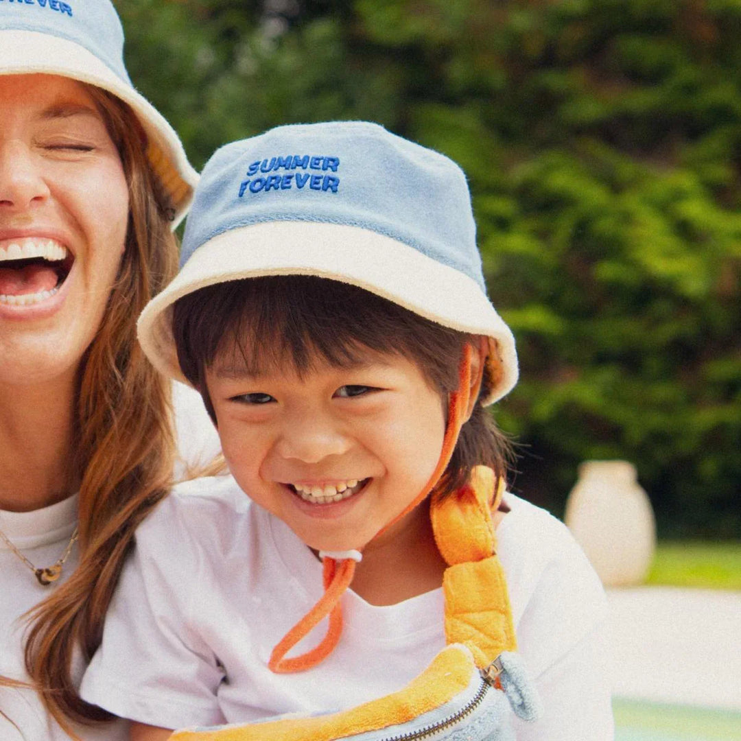 kids terry bucket hat summer forever yellow blue soft beach hat
