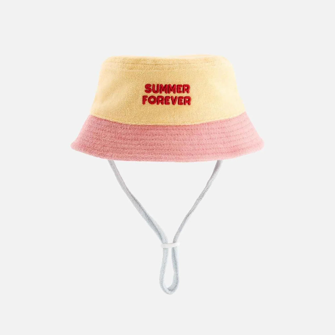 kids terry bucket hat summer forever yellow pink soft beach hat
