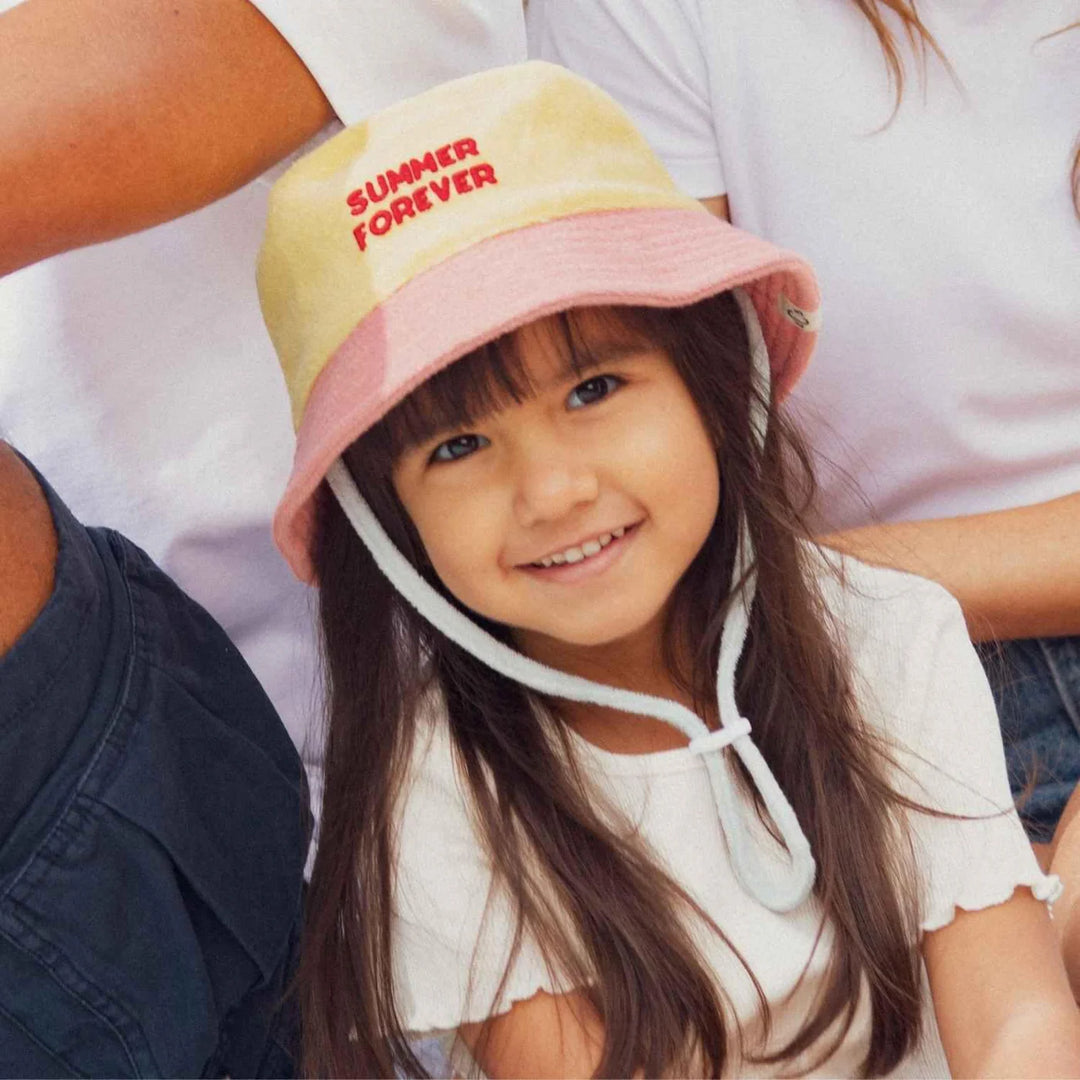 kids terry bucket hat summer forever yellow pink soft beach hat
