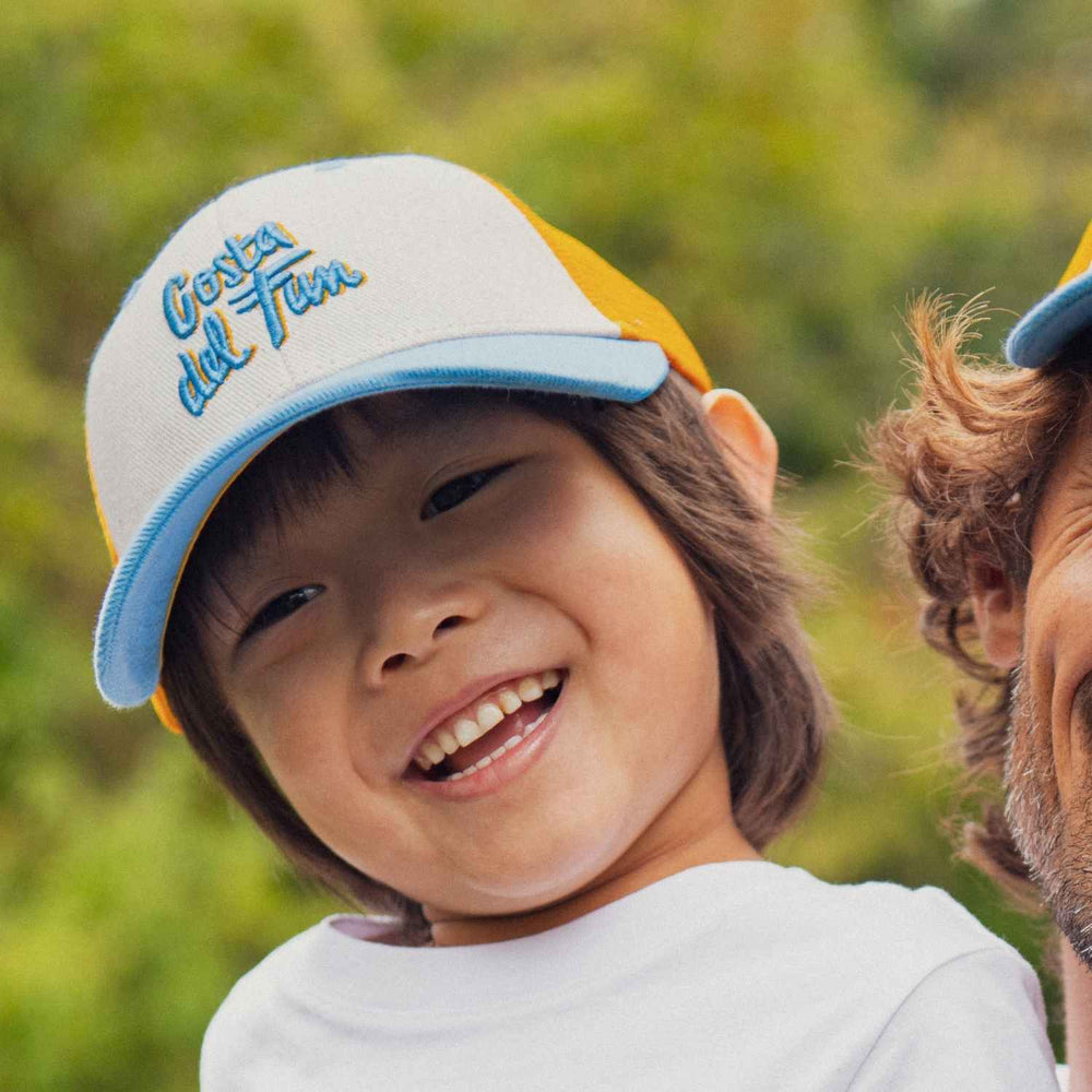 kids trucker cap costa del fun blue yellow embroidered
