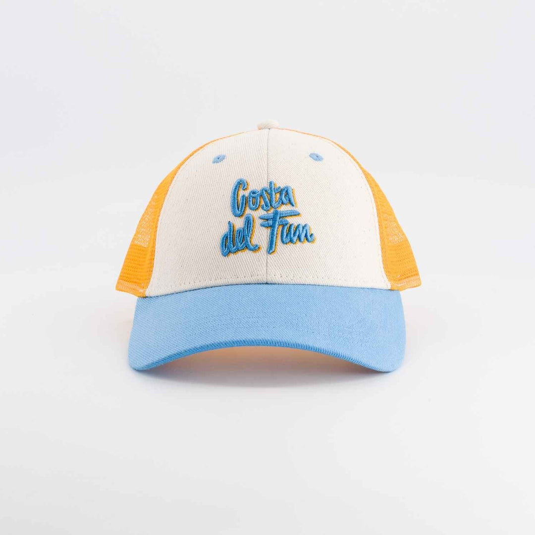 kids trucker cap costa del fun blue yellow embroidered

