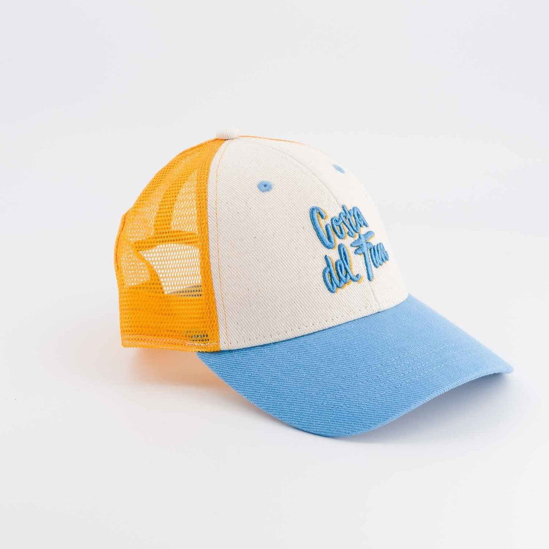 kids trucker cap costa del fun blue yellow embroidered
