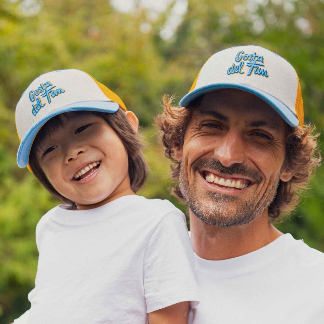 kids trucker cap costa del fun blue yellow embroidered
