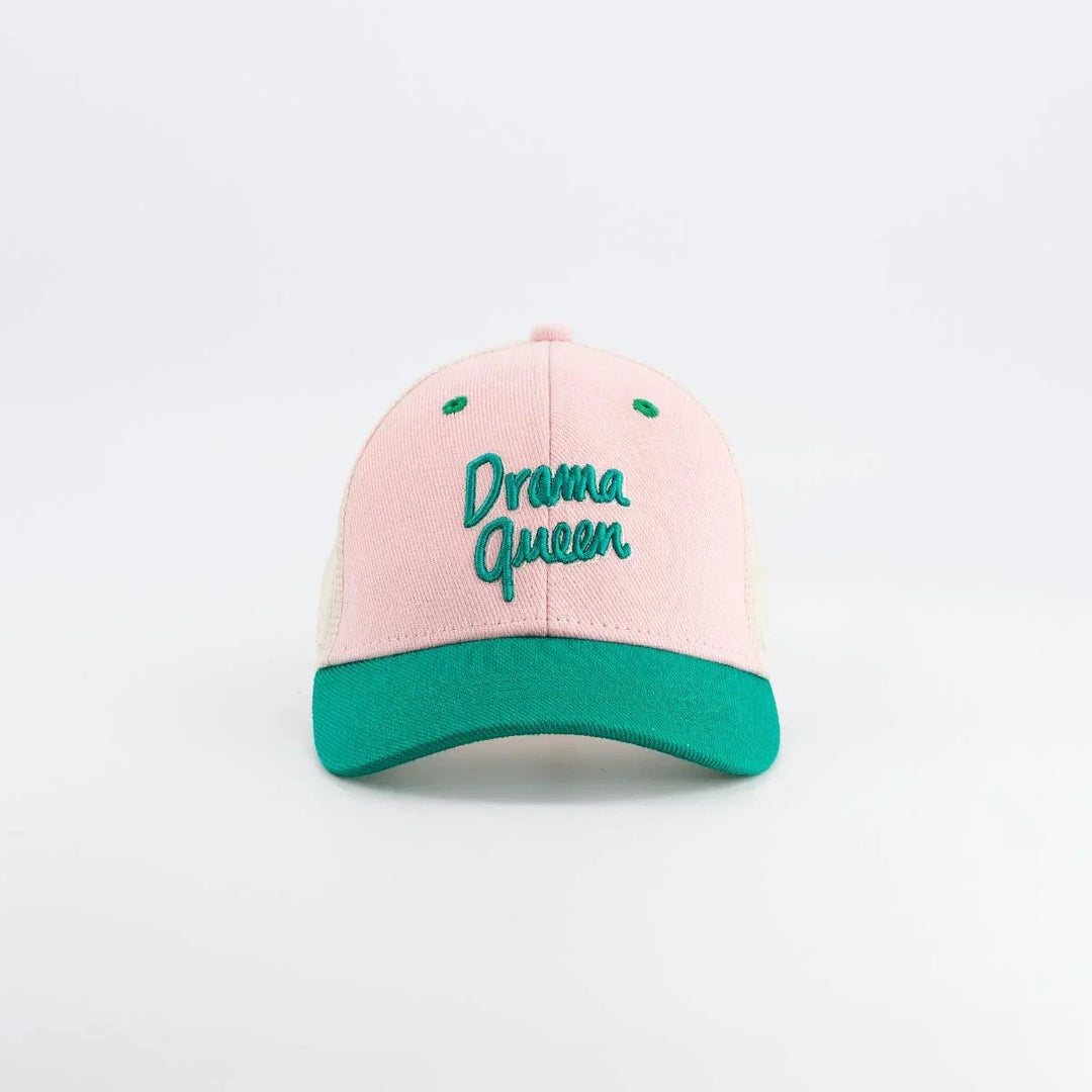 kids trucker cap drama queen pink green embroidered cotton mesh hat
