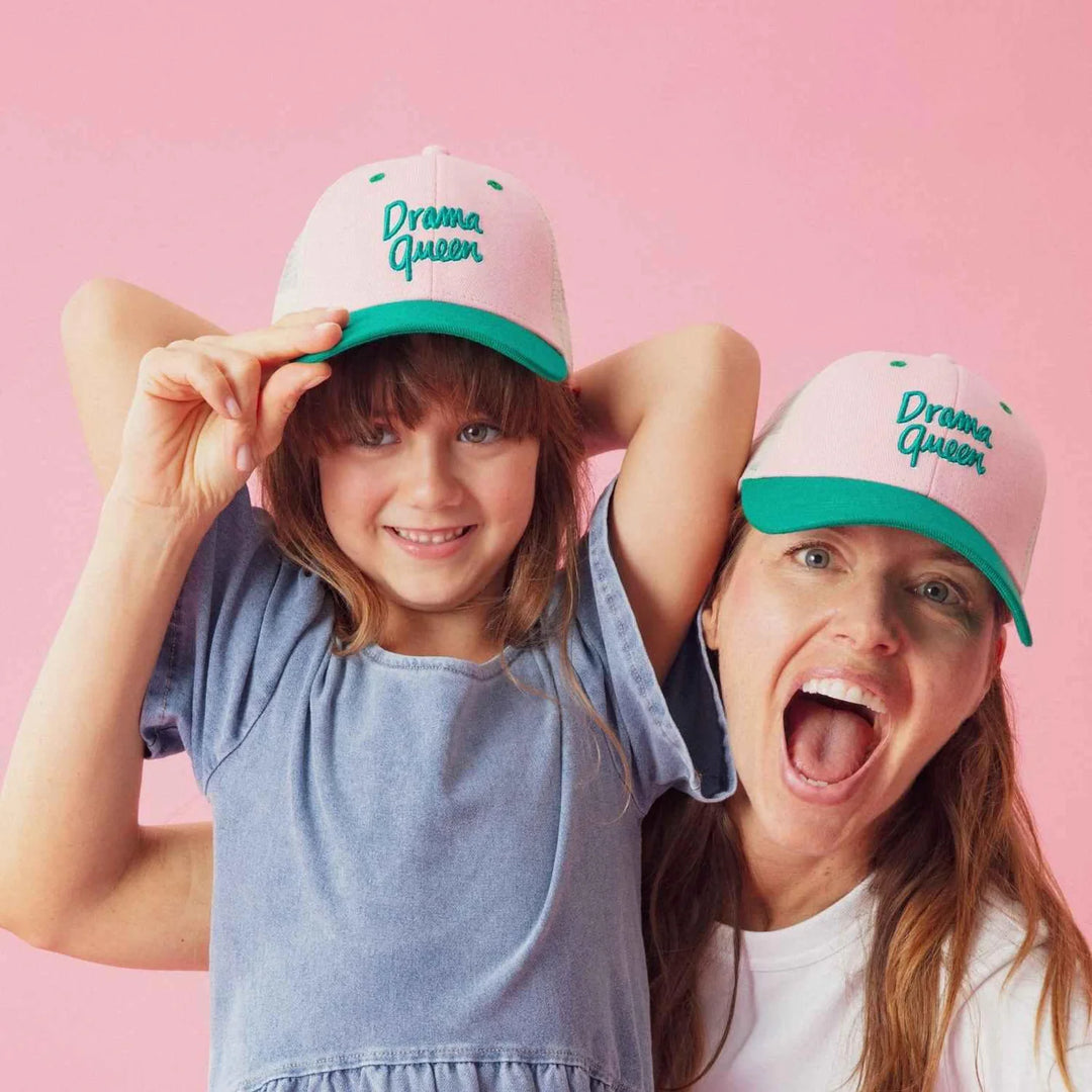 kids trucker cap drama queen pink green embroidered cotton mesh hat
