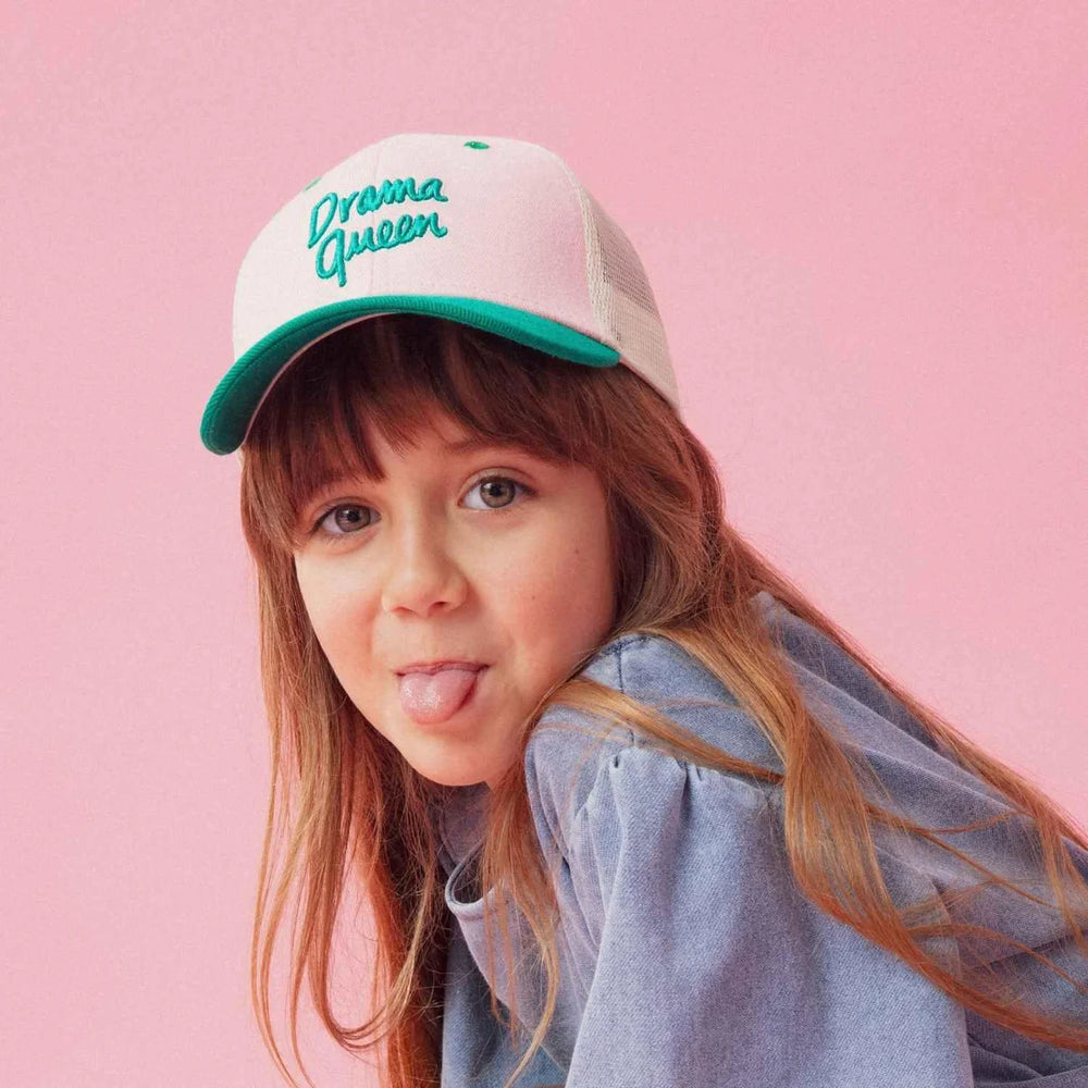 kids trucker cap drama queen pink green embroidered cotton mesh hat
