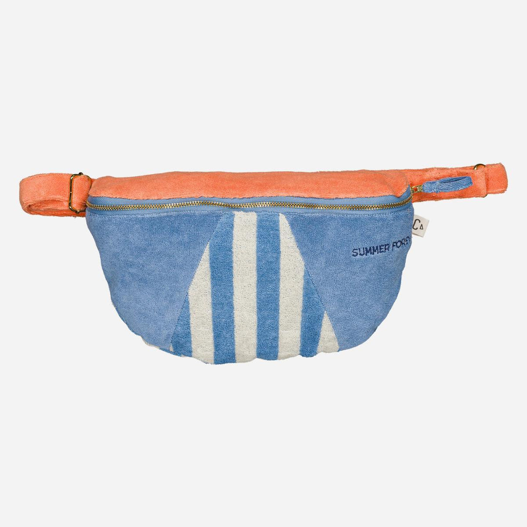 Blue terry cotton kids belt bag with Summer Forever embroidery and adjustable coral strap