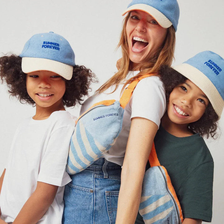 Blue terry cotton kids belt bag with Summer Forever embroidery and adjustable coral strap