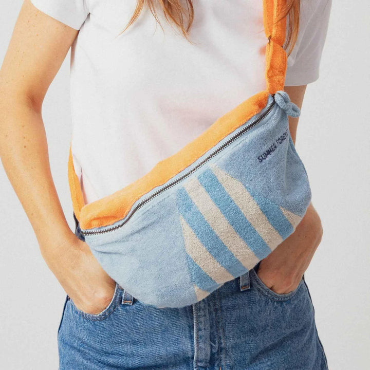 Blue terry cotton kids belt bag with Summer Forever embroidery and adjustable coral strap