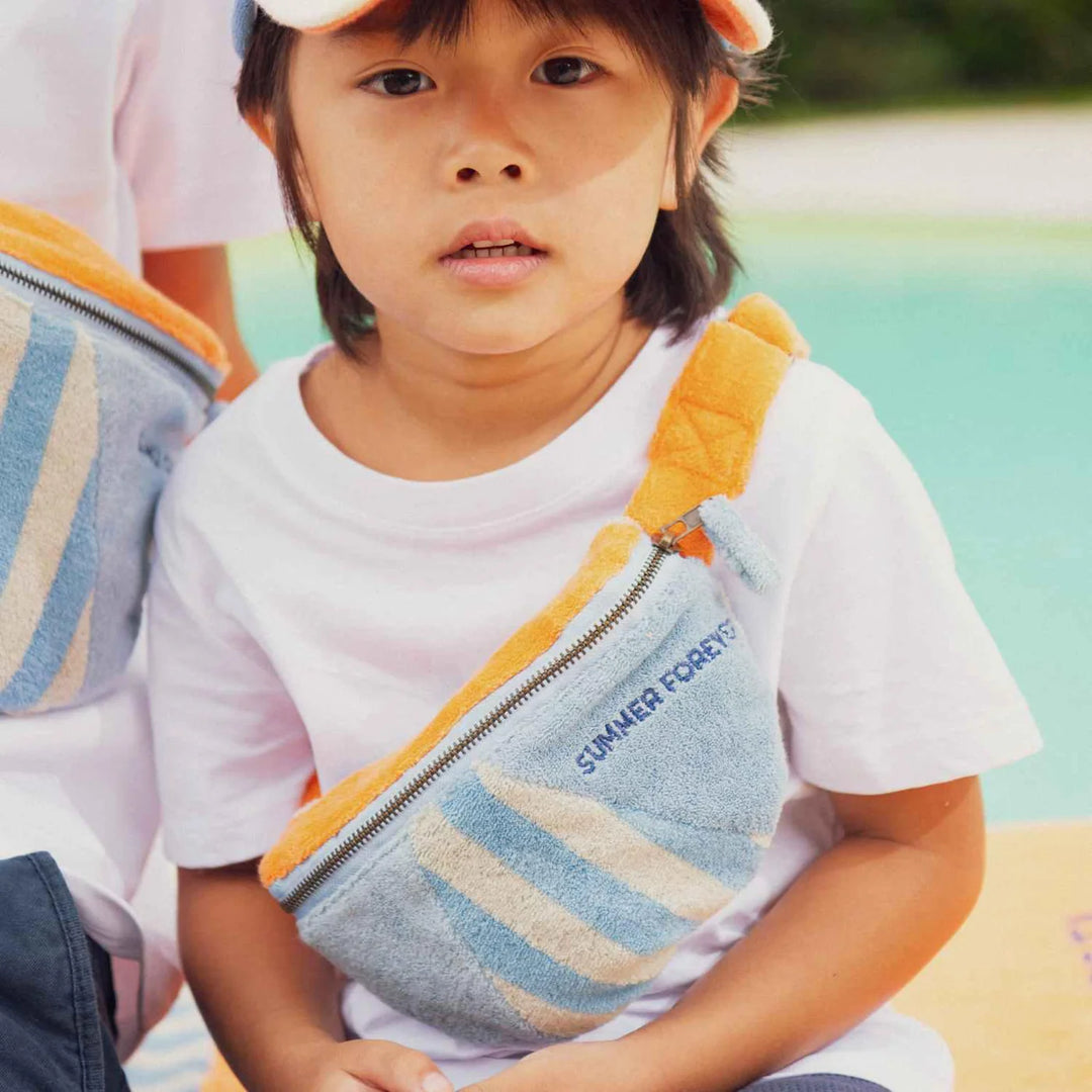 Blue terry cotton kids belt bag with Summer Forever embroidery and adjustable coral strap
