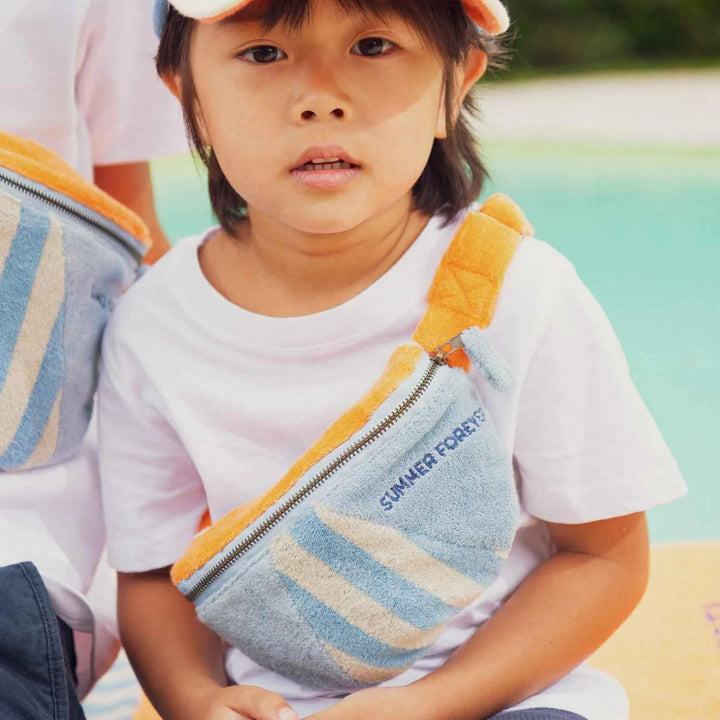 Blue terry cotton kids belt bag with Summer Forever embroidery and adjustable coral strap