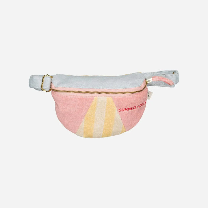 Blue terry cotton kids belt bag with Summer Forever embroidery and adjustable coral strap