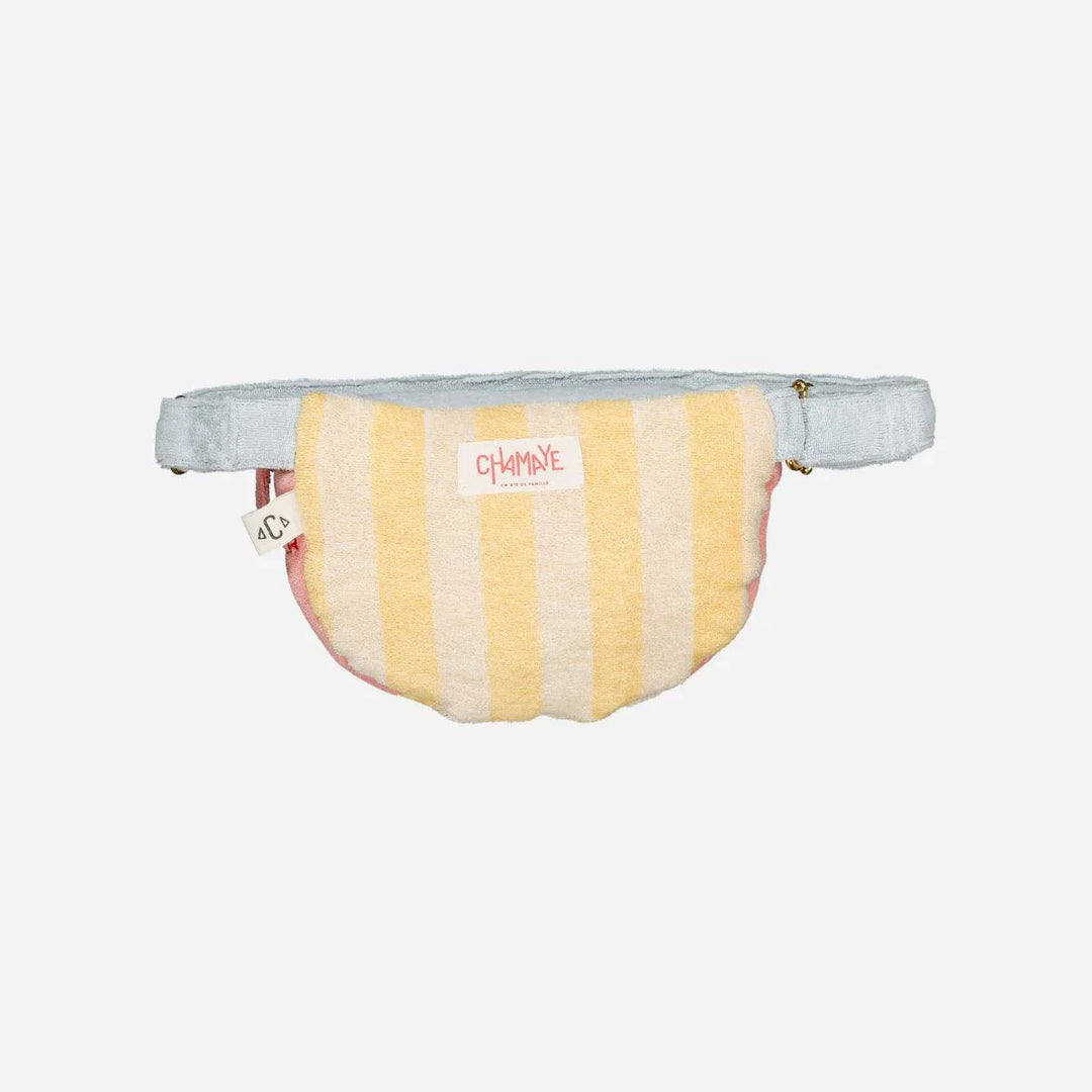 Blue terry cotton kids belt bag with Summer Forever embroidery and adjustable coral strap