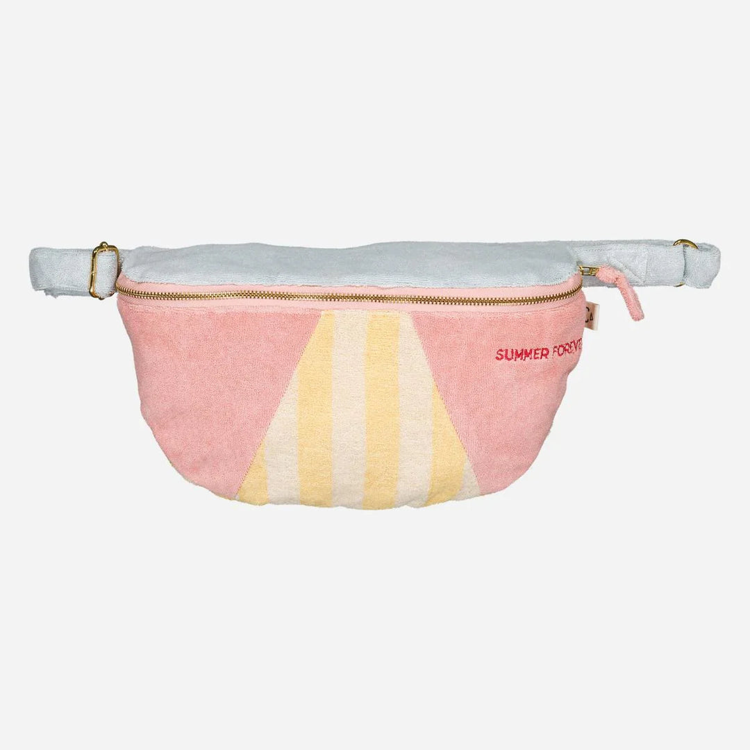 Blue terry cotton kids belt bag with Summer Forever embroidery and adjustable coral strap